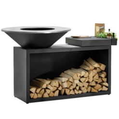 OFYR Island Black 85-100 Vuurkorf - Barbecue Met Meubel En Plank Van Donkergrijs Keramiek